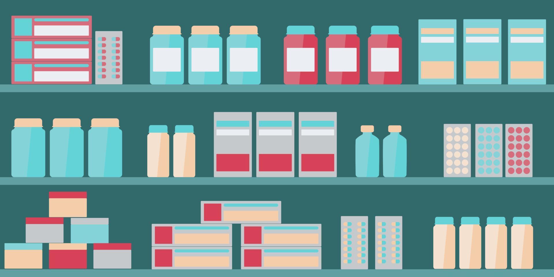 apotheekplanken in drogisterij met pil, voorwerpen, capsule en antibiotica. medisch concept met plank showcase. winkelen voor antibiotica, medicijnen, siroop. vector