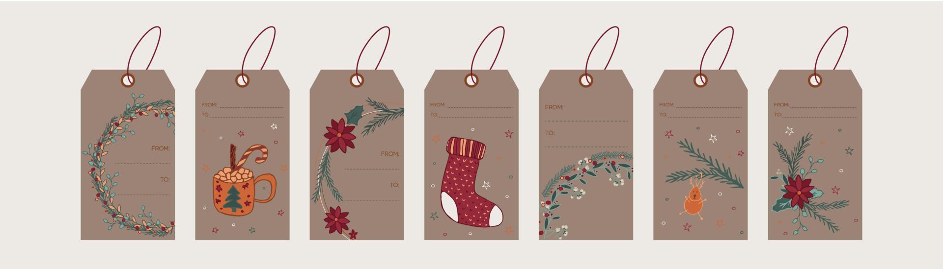 handgetekende chistmas hang tag collectie met vakantie krans, cacao, santa sok en herten op sparren. decoratie voor wintergeschenkdoos of december-wenskaart. vector