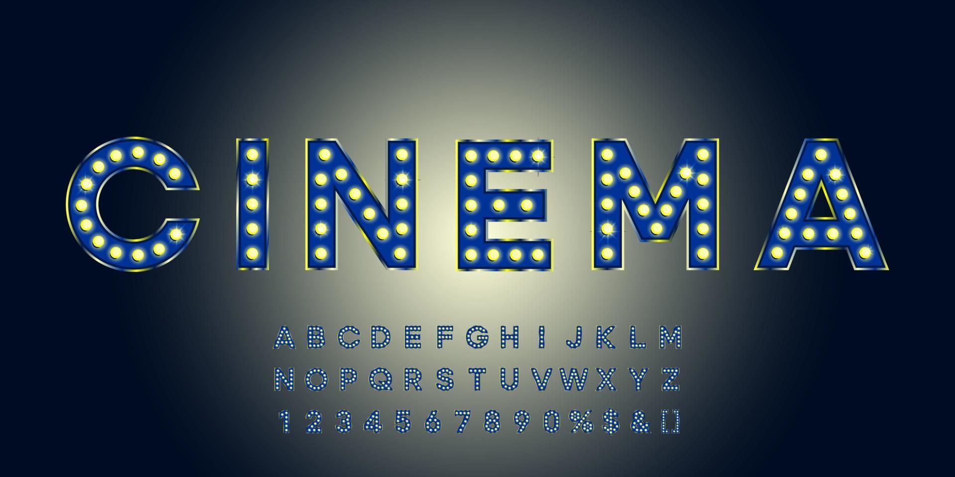 blauw glanzend selectiekaderalfabet met cijfers en warm licht. vintage verlichte letters voor tekstlogo of verkoopbanner vector