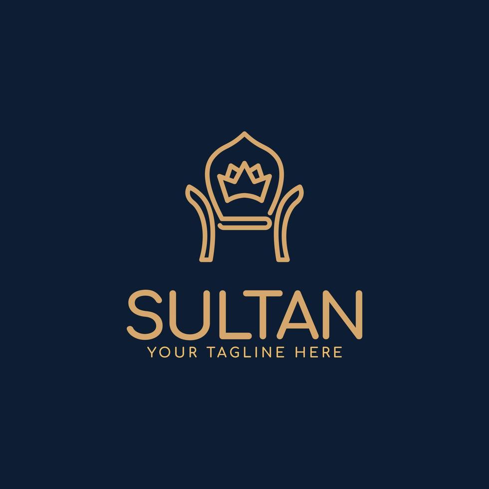 troon, kroon, stoel, koninklijk, sultan, luxe, minimalistisch en elegant logo-ontwerp in gouden kleur vector