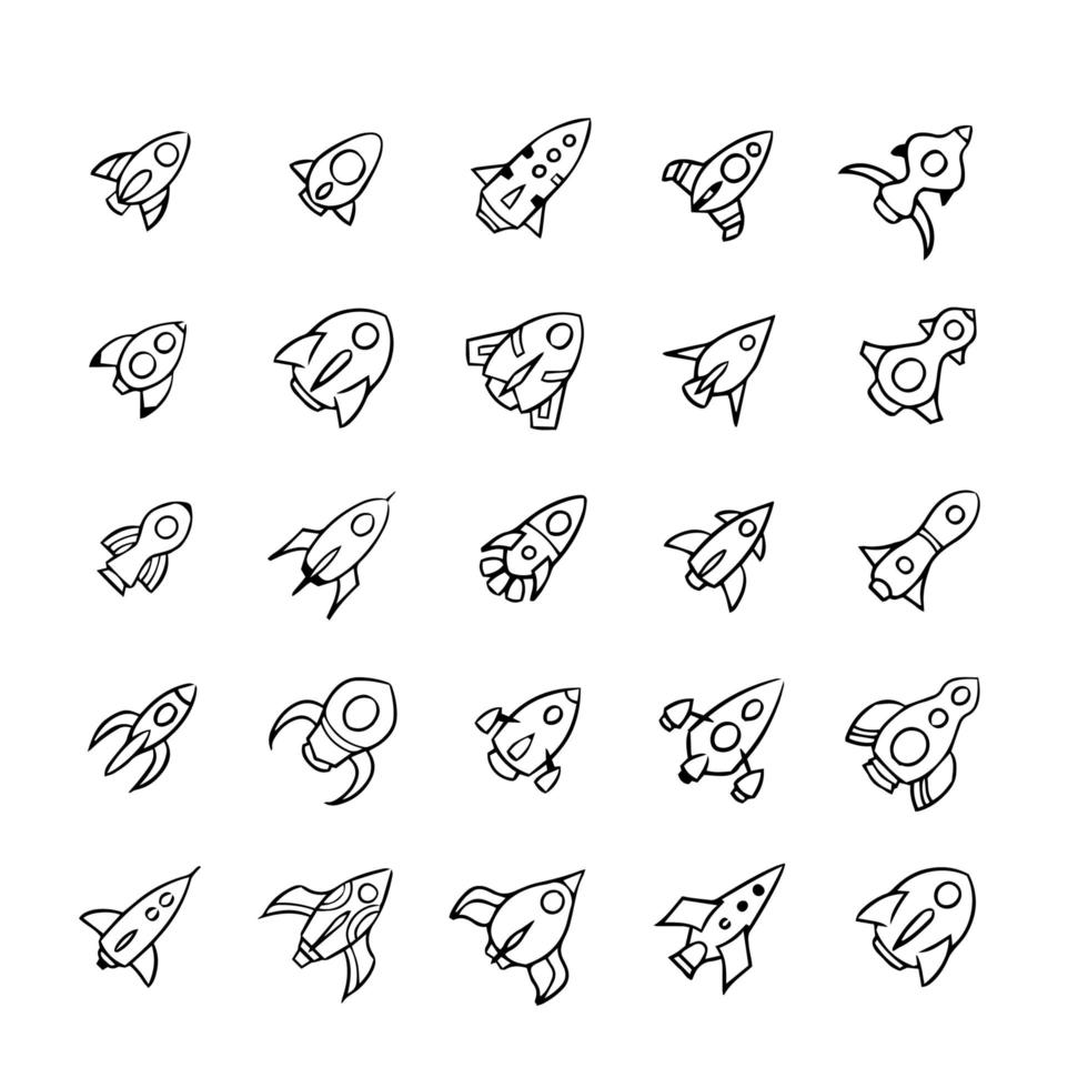 handgetekende raketten pictogrammenset in verschillende stijlen. vector