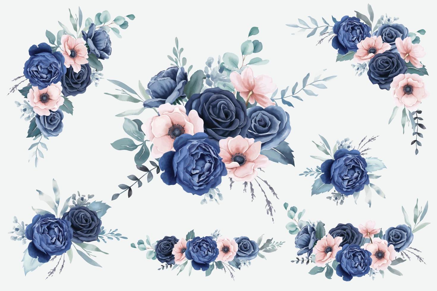 aquarel marineblauwe rozen en perzik anemonen boeketten vector