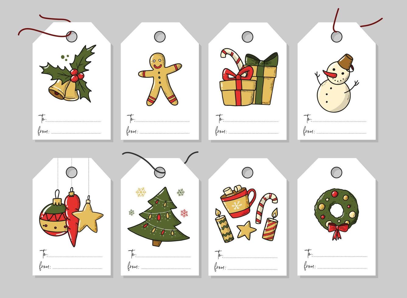 set kerstcadeautjes en cadeaulabels, tags met doodles en kopieerruimte vector