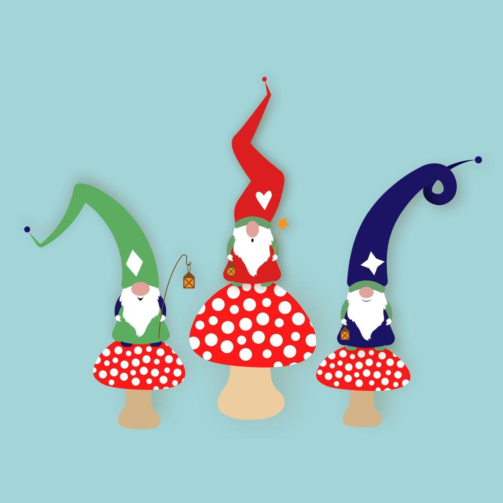 set kerstkabouter op giftige paddenstoelen. scandinavische nordic gnome, schattige kerst santa gnome elf. vectorillustratie geïsoleerd op blauwe achtergrond. xmas elementen ontwerp, uitnodigingen en kaarten vector