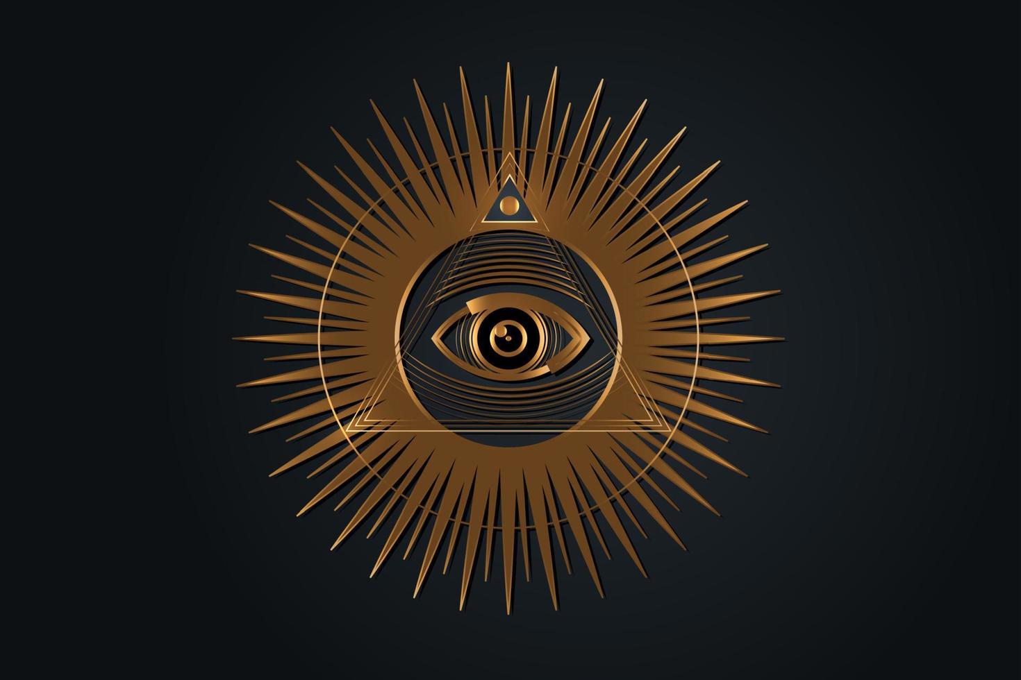 heilig vrijmetselaarssymbool. alziend oog, het derde oog. het oog van de voorzienigheid, binnen driehoek piramide. nieuwe wereldorde. gouden icoon alchemie, religie, spiritualiteit, occultisme. vector geïsoleerd of zwart