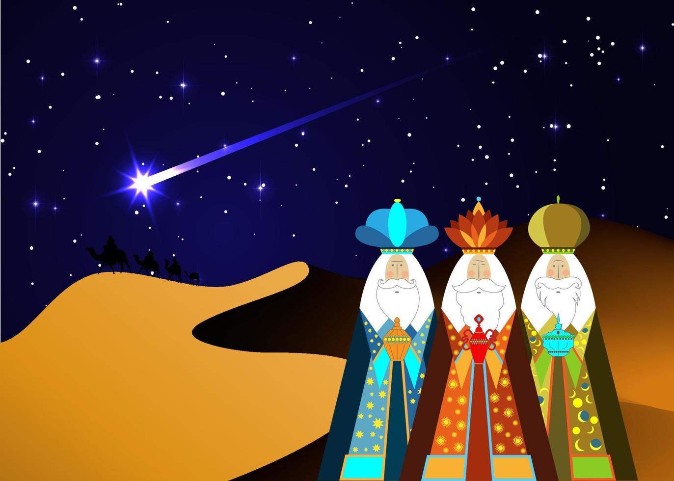drie wijze mannen kerst. drie bijbelse koningen, caspar, melchior en balthazar. bethlehem kerststal concept, epiphany is een christelijk festival. het geschenk van de magiërs vector geïsoleerd, zwarte lucht en komeet