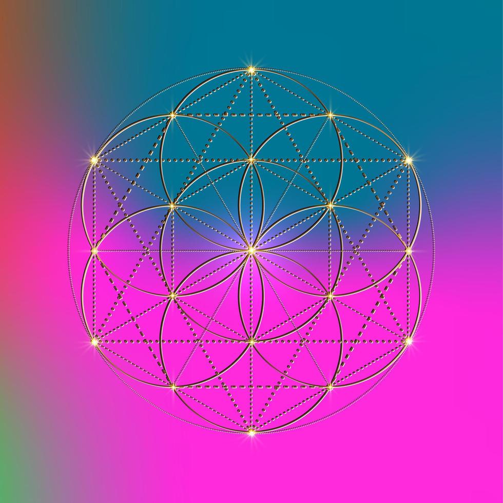 bloem van het leven, zaad van het levenssymbool heilige geometrie, mystieke mandala van alchemie esoterisch teken. gouden luxe logo vector geïsoleerd op kleurrijke achtergrond met kleurovergang