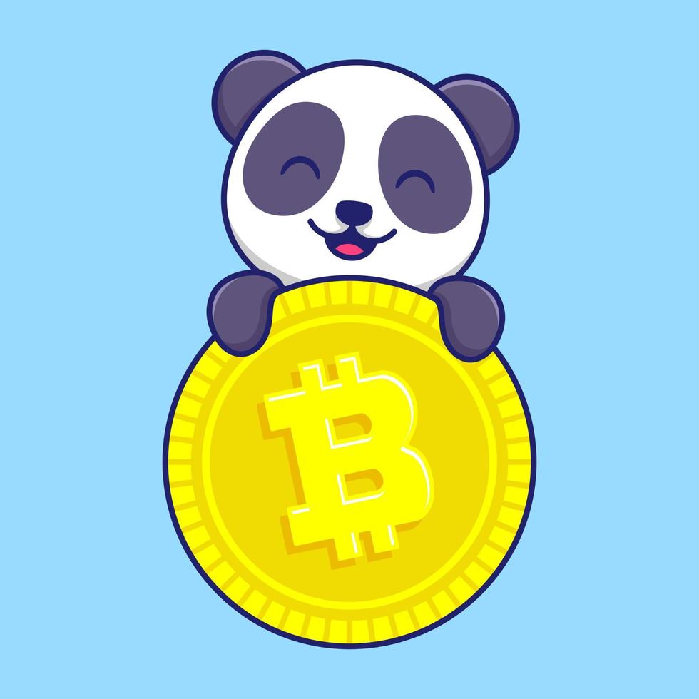 schattige panda met grote bitcoin cartoon vector pictogram illustratie. dier karakter mascotte platte concept.