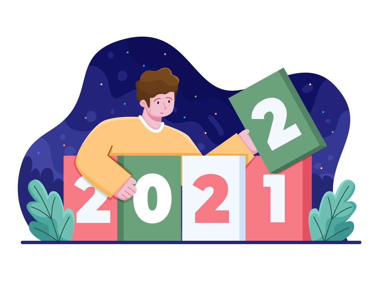 illustratie van mensen die kalenders wijzigen van 2021 tot 2022 om een nieuw jaar te beginnen. gelukkig nieuwjaar vlakke afbeelding. door naar het nieuwe jaar. overgang van het nieuwe jaar. nieuwjaar cartoon afbeelding. vector