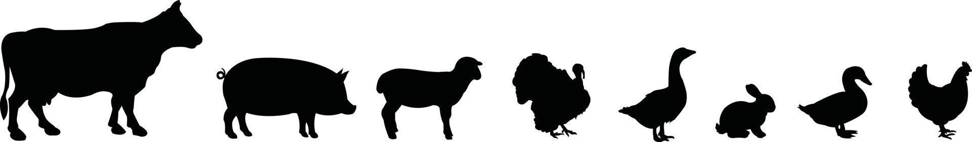 verschillende silhouetten van boerderijdieren. vector illustratie