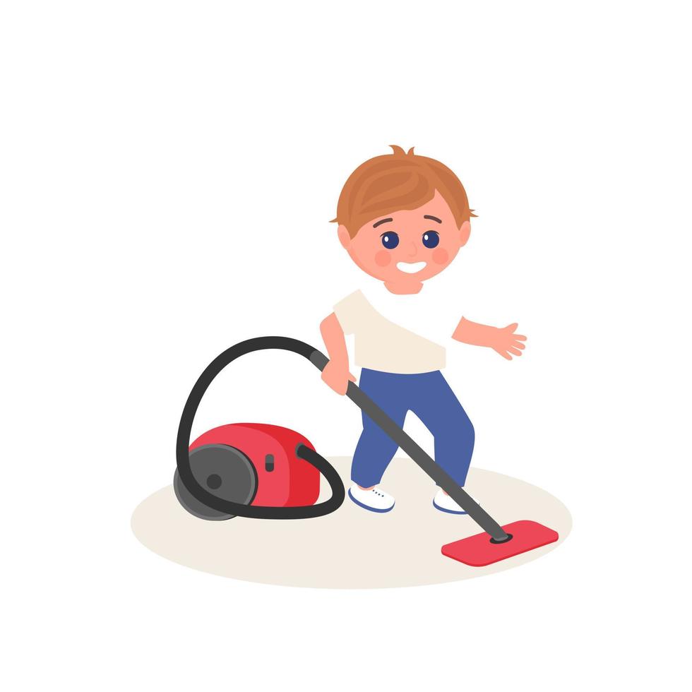 klein kind met stofzuiger thuis. kleine jongen die huishoudelijk werk doet. vector