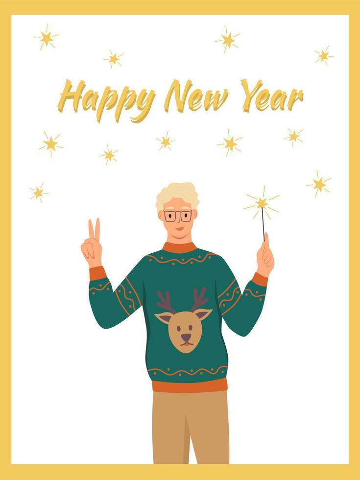 gelukkig nieuwjaar wenskaart. een man in een lelijke trui houdt sterretjes in zijn handen. platte vectorillustratie vector
