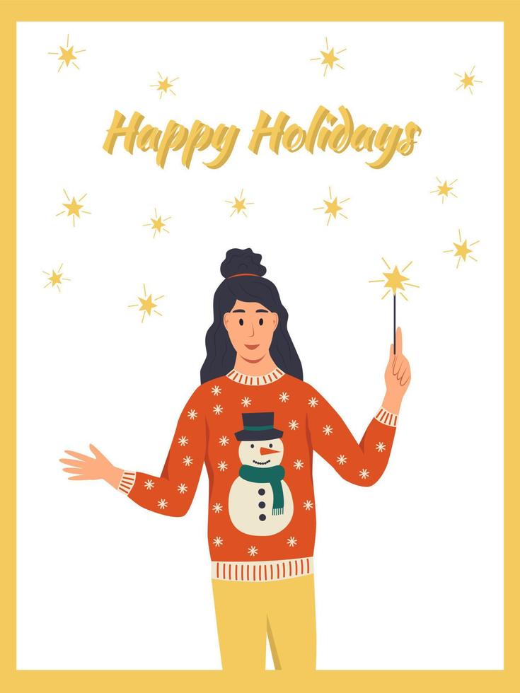 fijne feestdagen wenskaart. een vrouw in een lelijke trui houdt sterretjes in haar handen. platte vectorillustratie vector