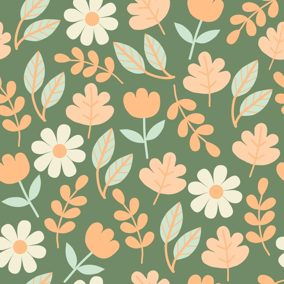 bloemen naadloos patroon. vectortextuur met bloemenelementen in vlakke stijl. handgetekende wilde bloemen, bladeren, kruiden. plantkunde lente- of zomercollectie. schattige handgetekende platte planten achtergrond vector