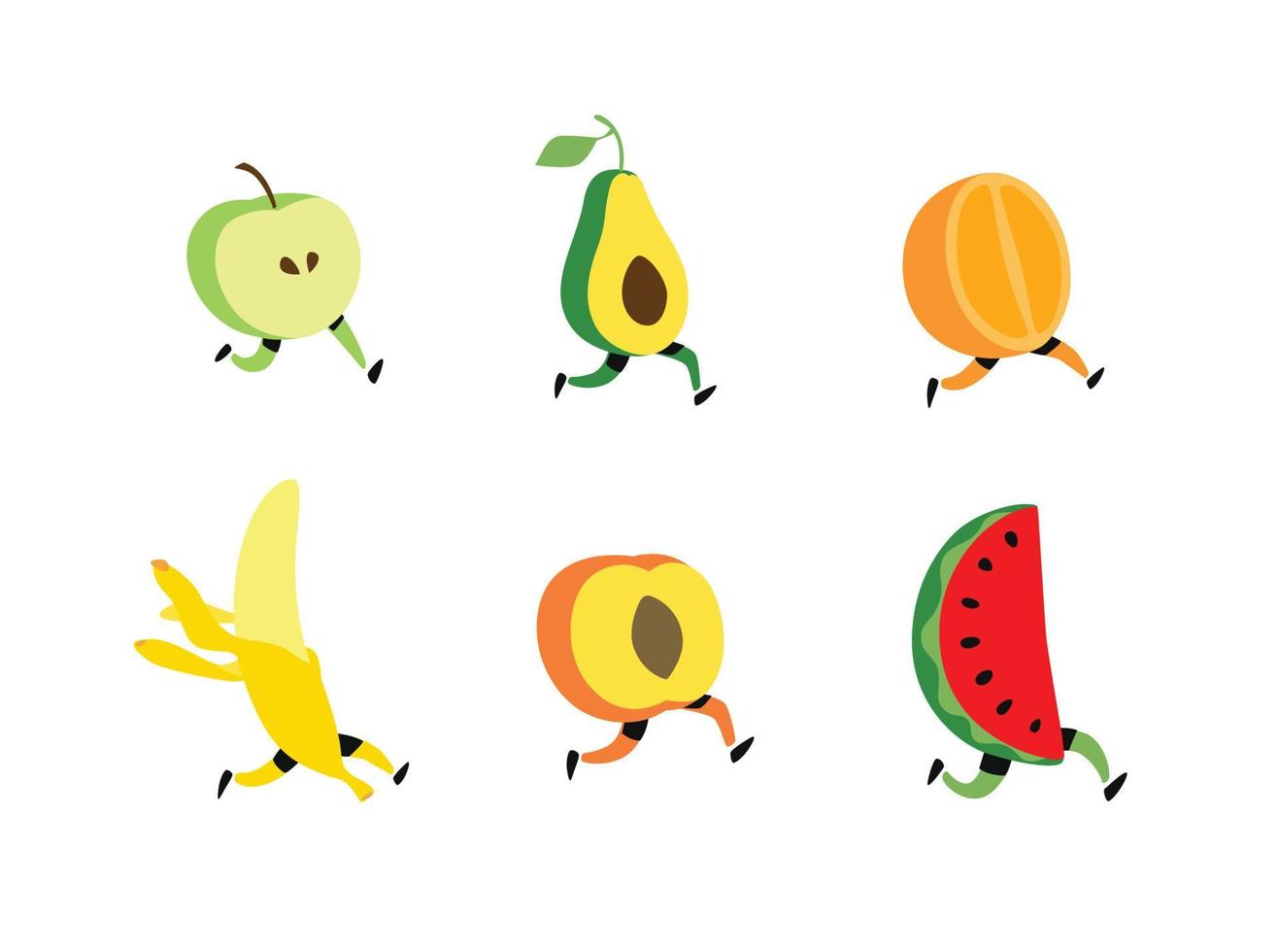 illustratie van lopend fruit. vector. fruitcocktailkarakters, gezond voedsel. schattige appel, avacado, watermeloen, banaan, sinaasappelperziken met voeten. levendig biologisch voedsel. vector