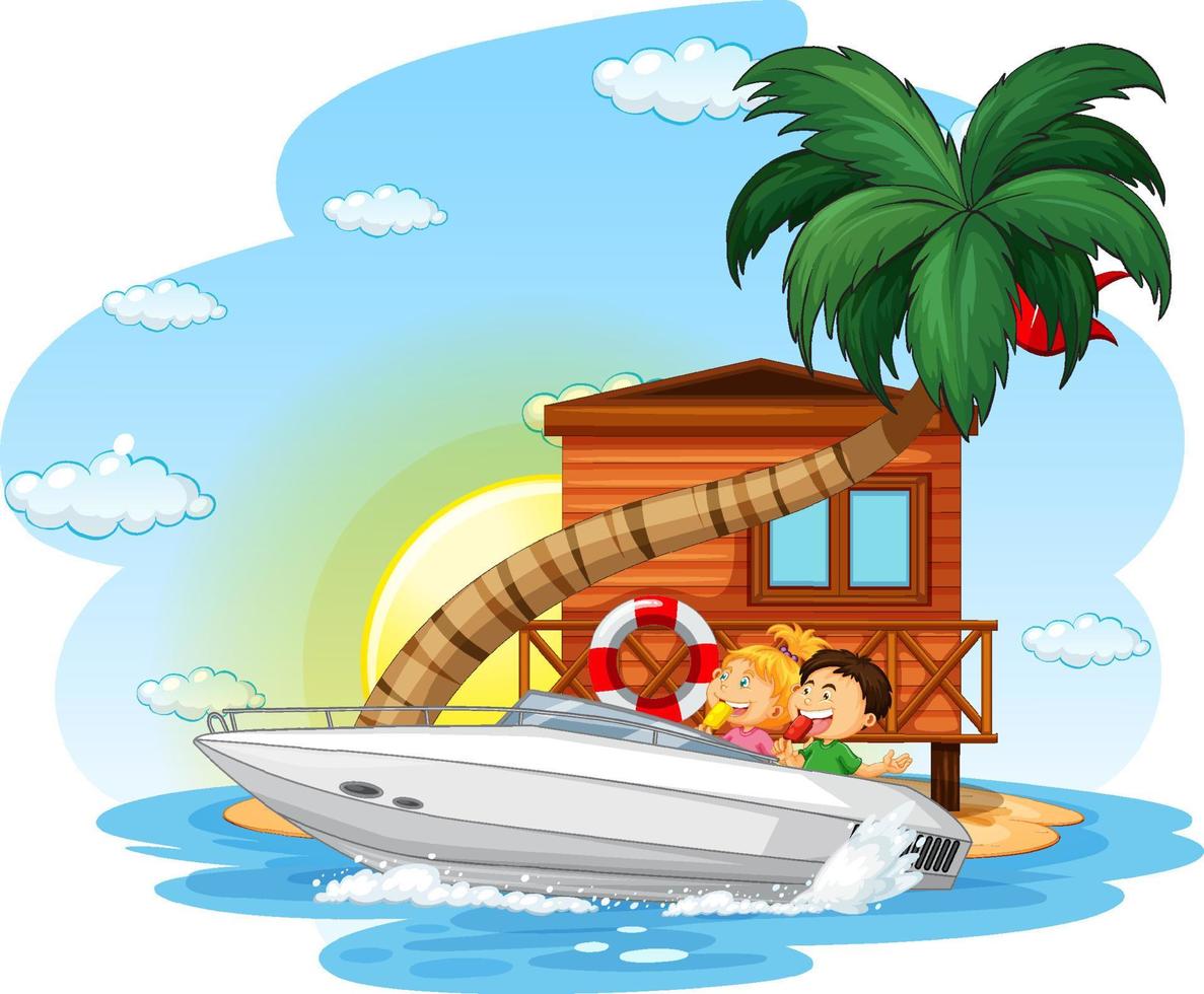 tekenfilm kinderen op speedboot met bungalow op eiland vector