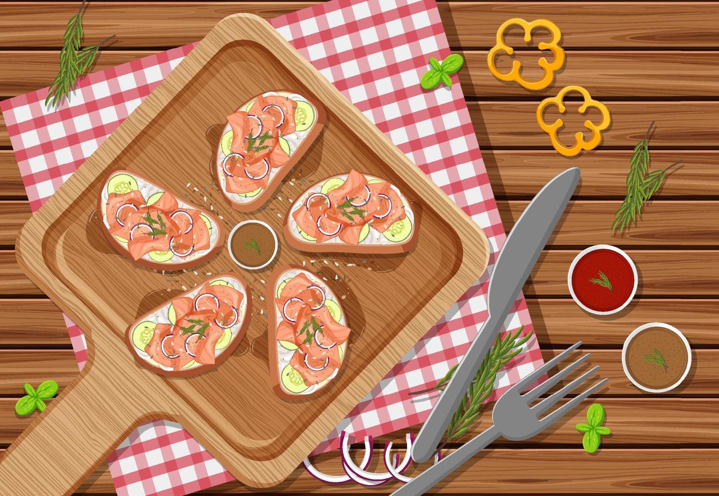 gerookte zalm bruschetta met plantaardig ingrediënt op de houten tafel achtergrond vector