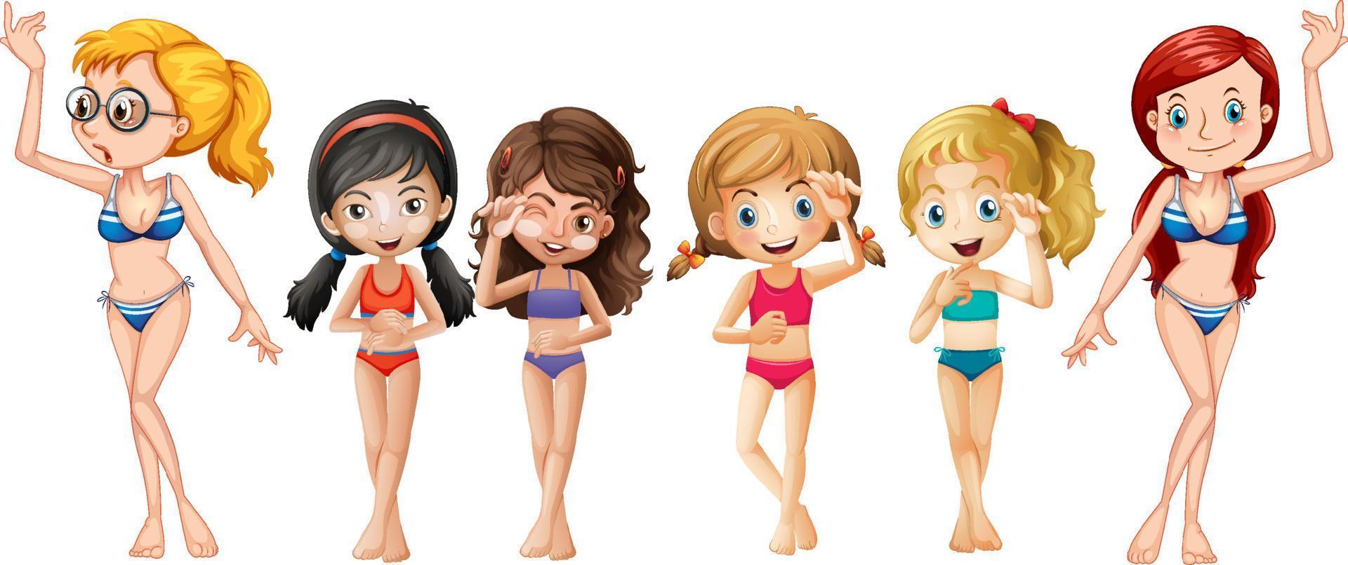 veel meisjes die stripfiguren in bikini's dragen vector