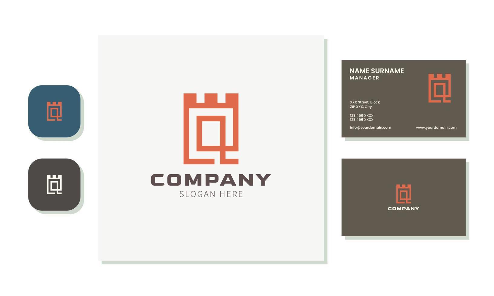 opvallend oranje kasteel letter q logo-ontwerp. minimalistische visitekaartjesset vector