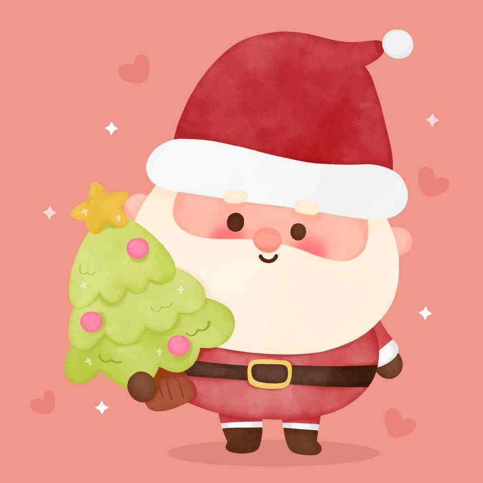 aquarel santa calus cartoon en kerstboom vector