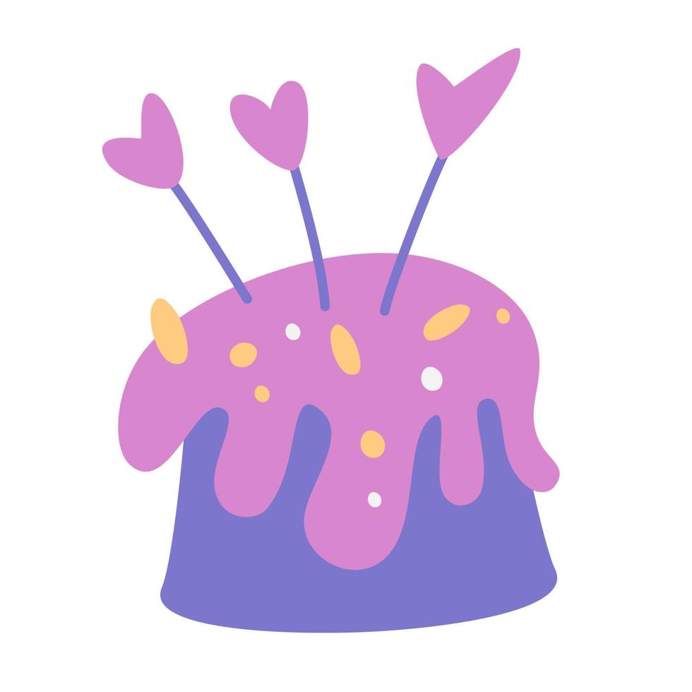 verjaardag gebakken taart. kaarsen in de vorm van een hart. feestelijk gebak geïsoleerde illustraties voor briefkaart. verjaardag viering wenskaart. hand tekenen vectorillustratie. vector