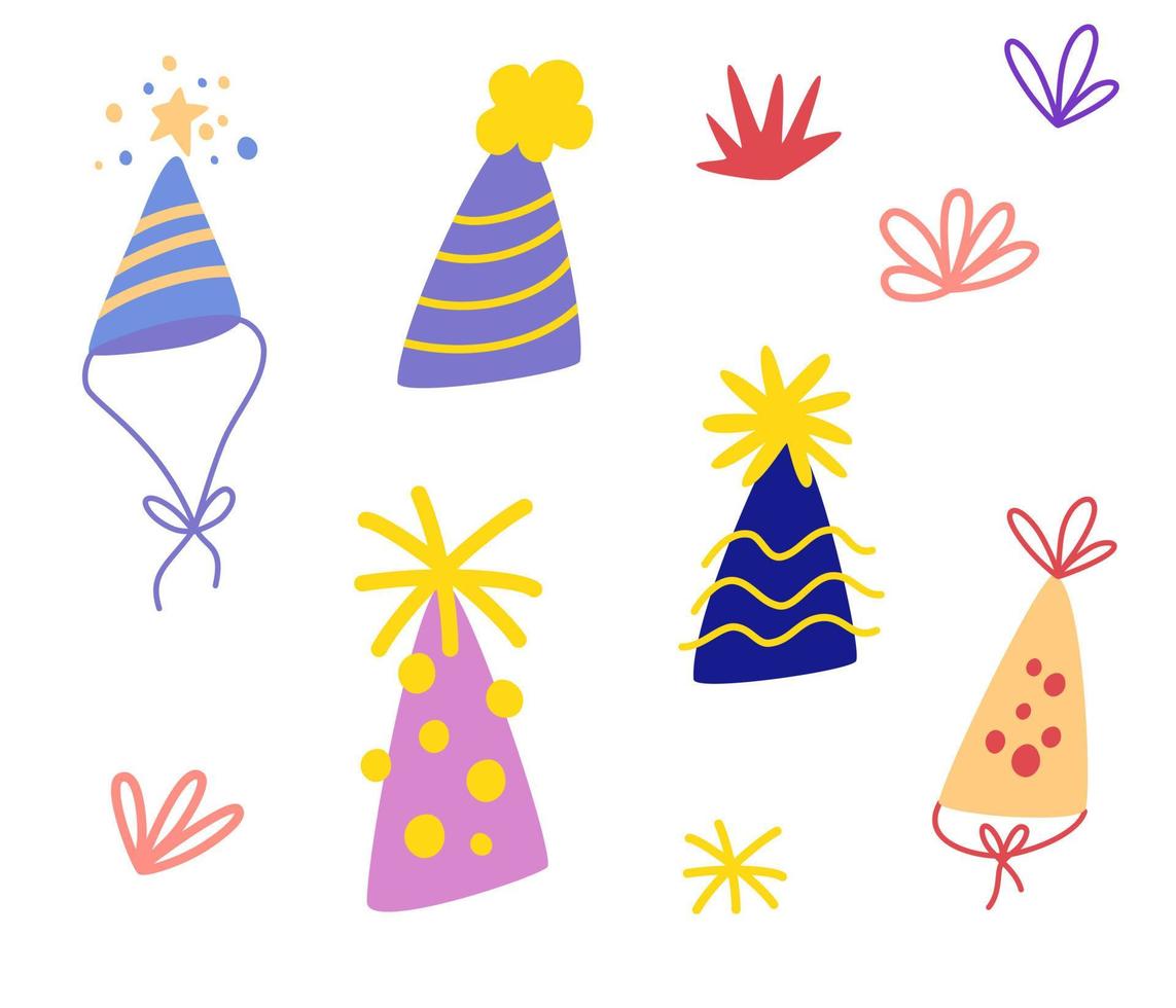 vakantie caps ingesteld. cartoon verjaardag hoed pet voor feest. perfect voor verjaardag, feestverrassing, speciale datum, leuke onderwerpen. hand tekenen vectorillustratie. vector