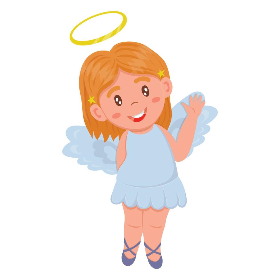 klein schattig engelenmeisje in cartoonstijl met blauwe jurk en gouden halo zwaaiende hand vector