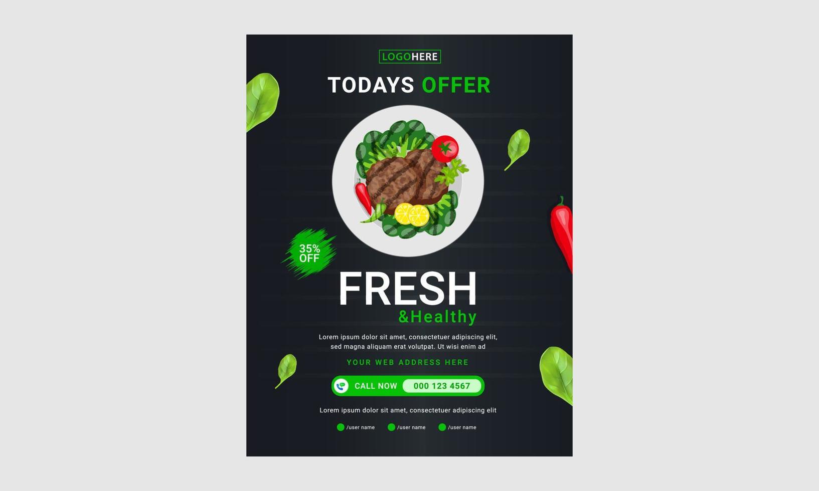 voedselmenu, brochure, flyer-ontwerpsjablonen in a4-formaat. vectorillustraties voor marketingmateriaal voor eten en drinken, advertenties, presentatiesjablonen voor natuurlijke producten, omslagontwerp. vector