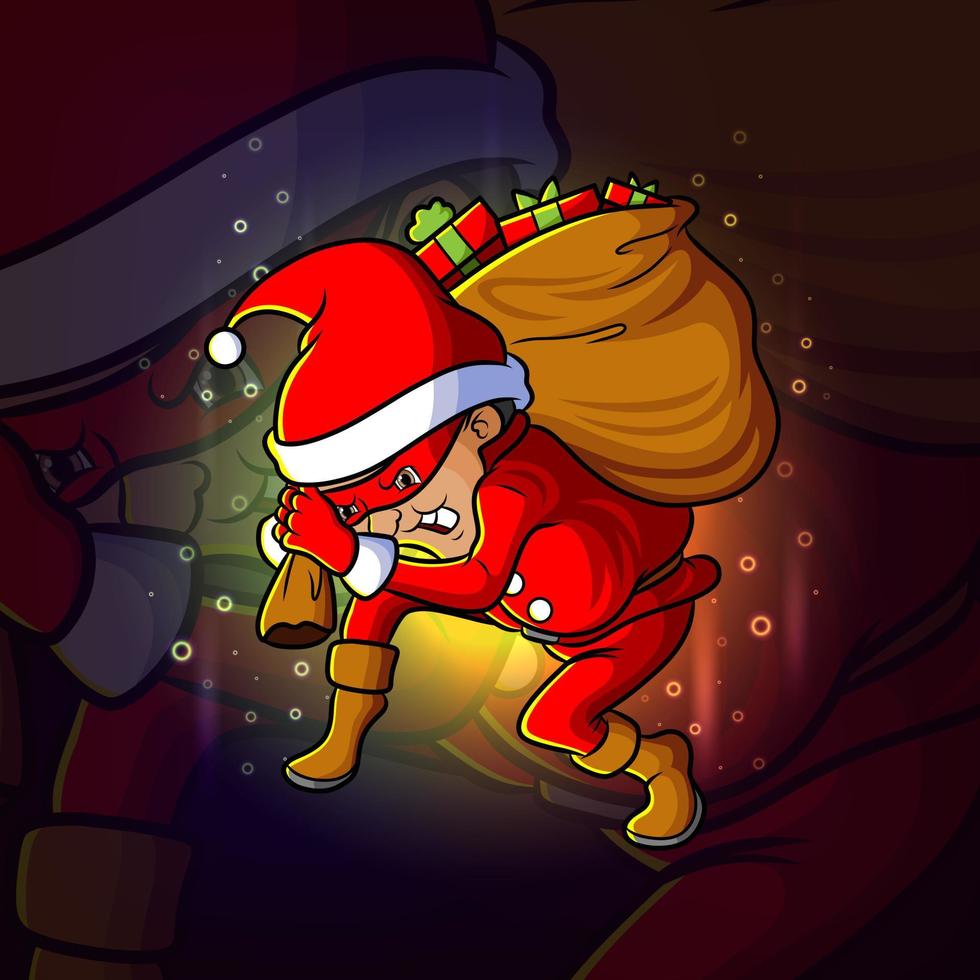 de dief-santa steelt een zak met cadeau-esport-mascotteontwerp vector