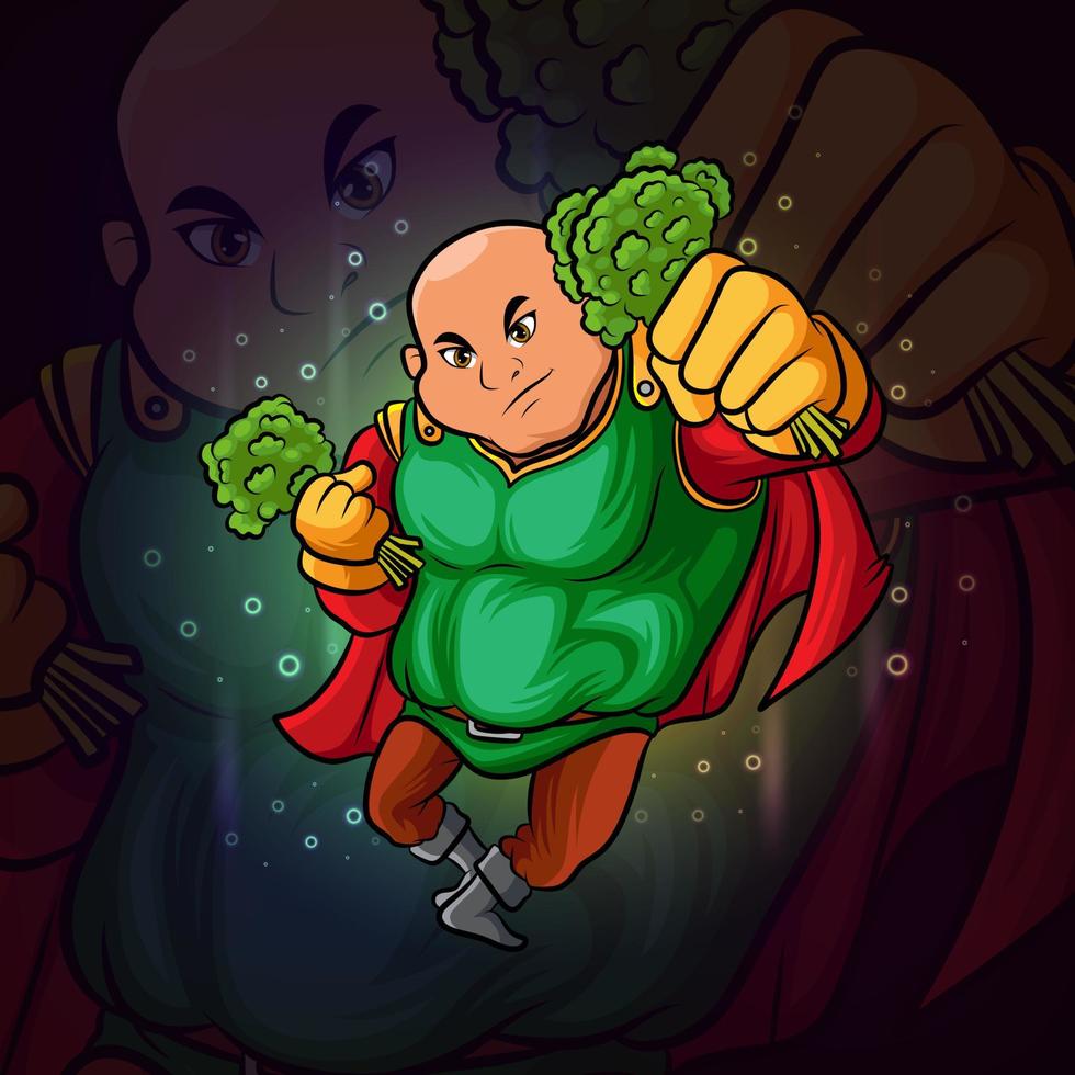 de superheld met het mascotte-ontwerp van broccoli esport vector
