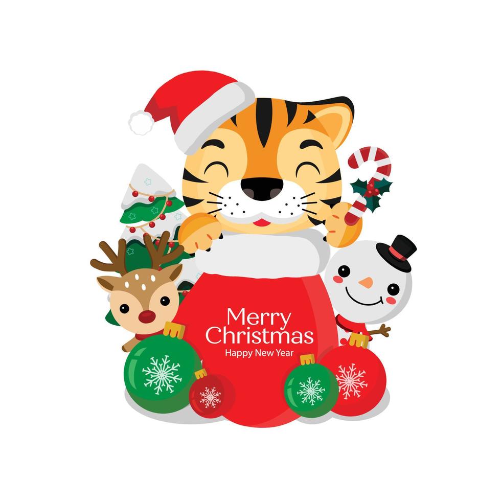 prettige kerstdagen en gelukkig nieuwjaar wenskaart. jaar van de tijger. vector