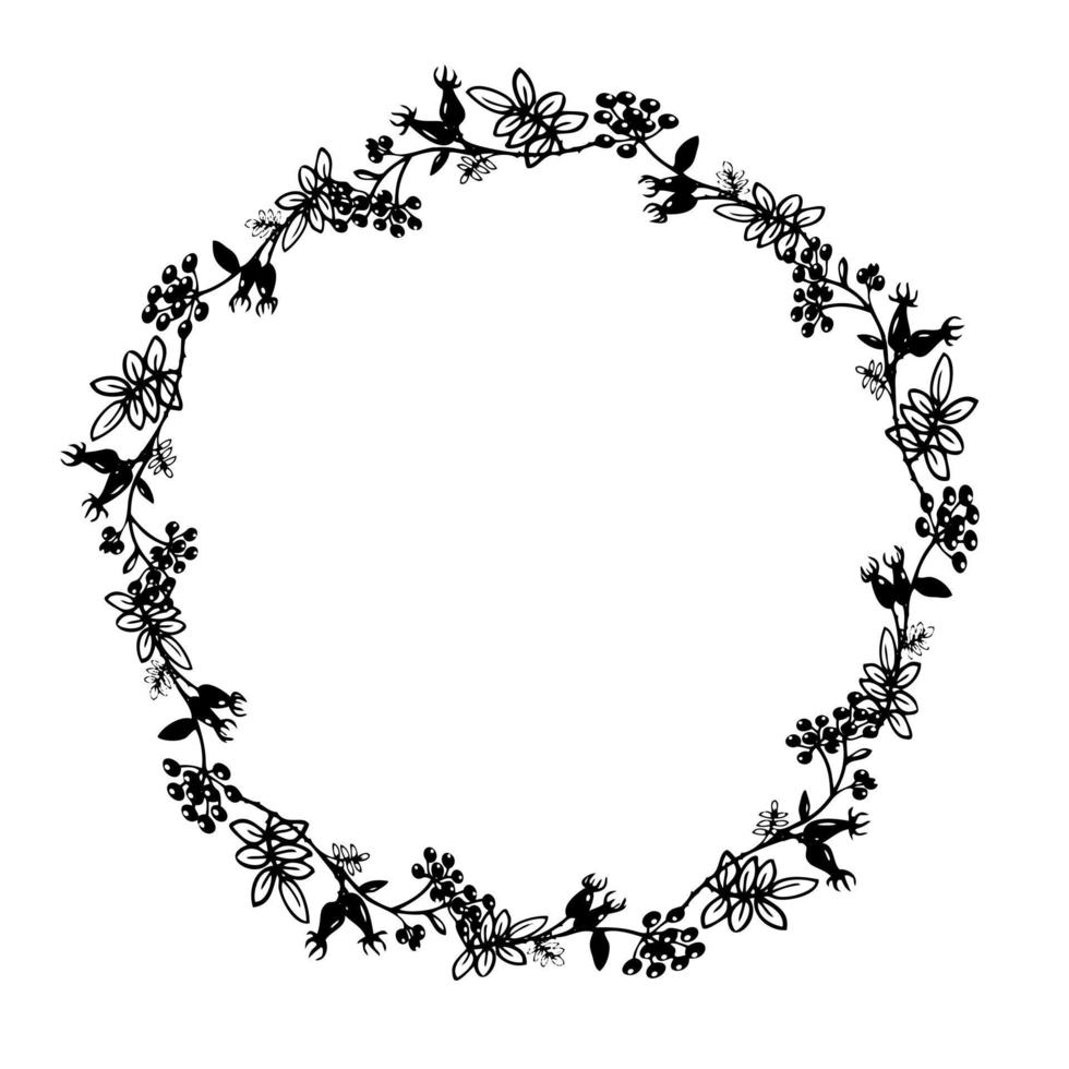 krans met hand getrokken wilde dor rose en bladeren, zwarte inkt op witte achtergrond vector