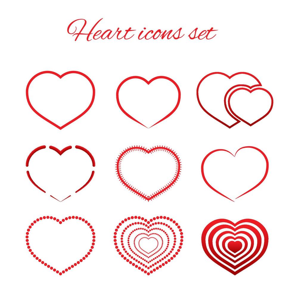 set van negen rode harten platte pictogram geïsoleerd op een witte achtergrond. Valentijnsdag vector collectie. liefdesverhaal symbool. gezondheid medisch thema. gemakkelijk te bewerken ontwerpsjabloon.