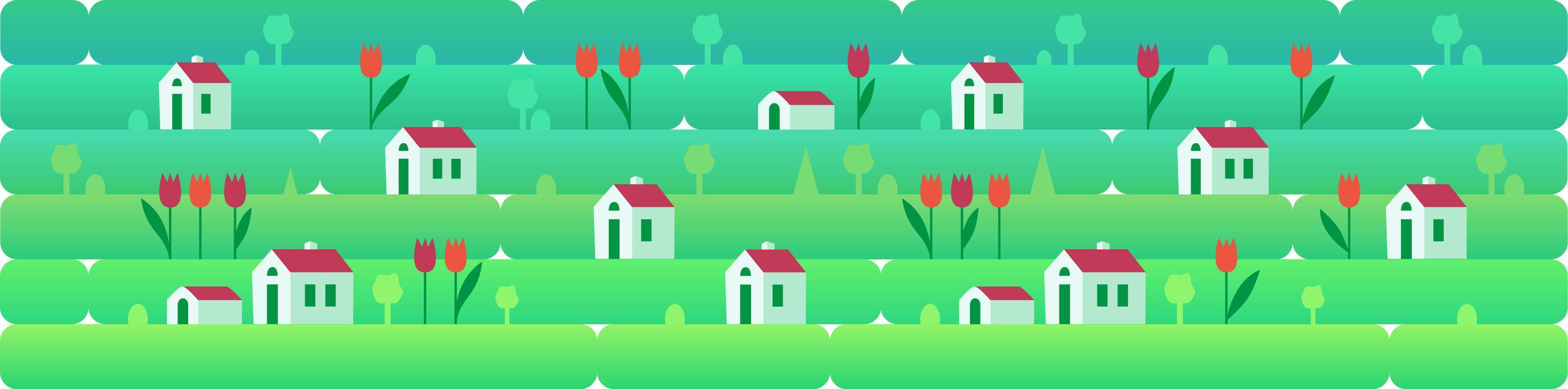 banner een sammer of lentedaglandschap met kleine huizen en rode tulpen, tegen een achtergrond van gras, natuur, heuvels. vectorillustratie in vlakke stijl voor ontwerp, games of websites vector