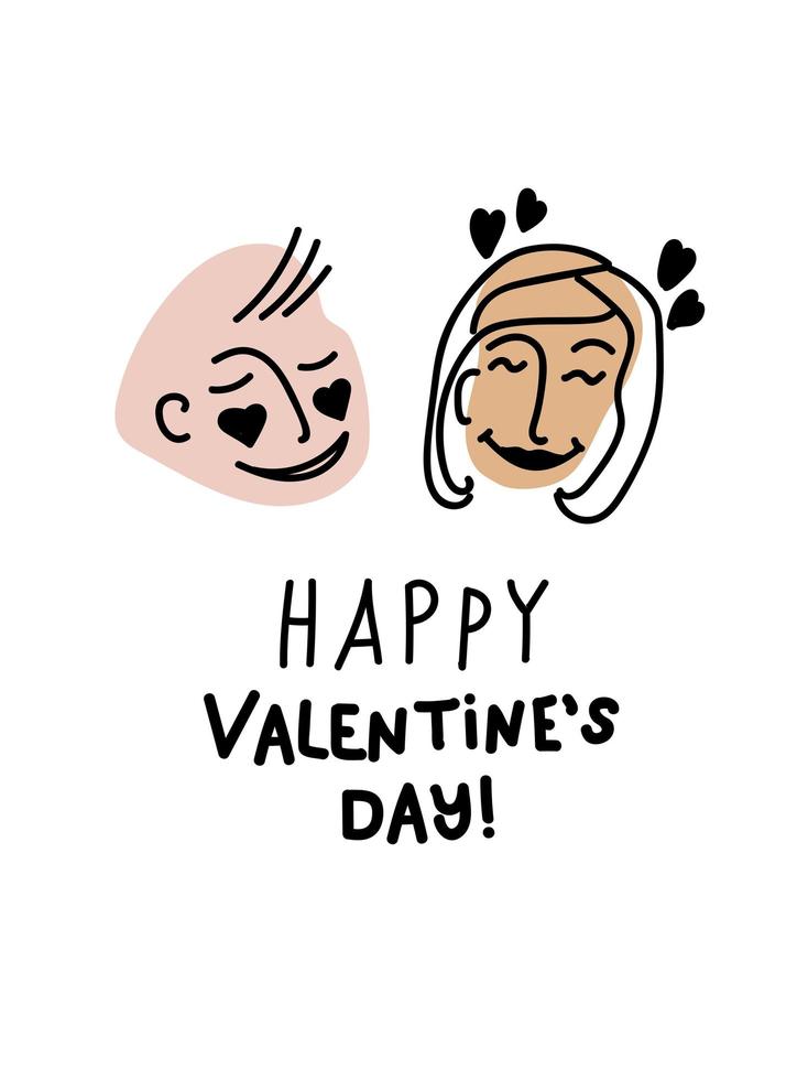 heteroseksueel paar, man en vrouw. geconfronteerd met emoties van liefde. doodle kaart met belettering happy Valentijnsdag. liefdesdag poster en ansichtkaart. hand getekende lijn kunst vectorillustratie vector