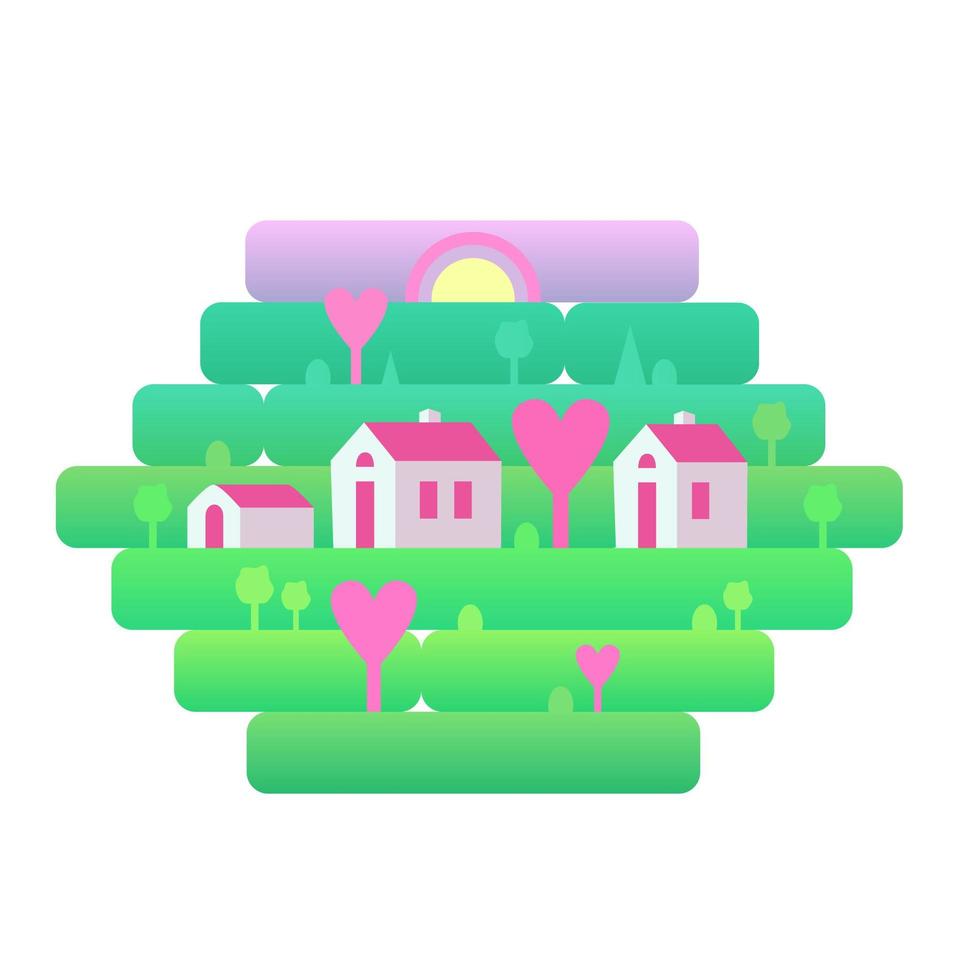 een geïsoleerd element, een landschap met kleine huisjes, tegen een achtergrond van gras, natuur, heuvels en zonsondergang. roze harten, liefde. vectorillustratie in vlakke stijl voor ontwerp, games of websites vector