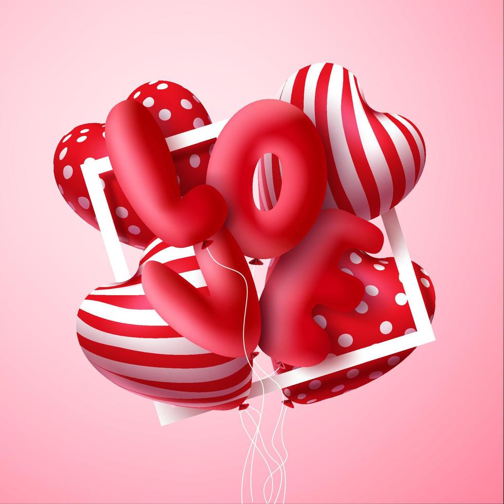 Valentijnsdag vector conceptontwerp. gelukkige Valentijnsdag tekst met liefde en hart 3D-realistische ballon en bubbels element zwevend voor Valentijnsdag viering. vector illustratie