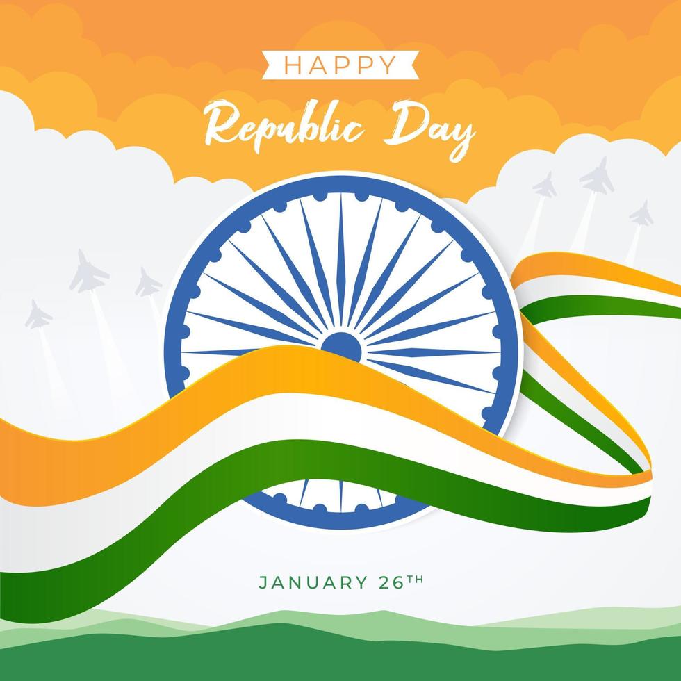 gelukkige dagviering van de indische republiek 26 januari lintvlagillustratie met vliegend vlagontwerp vector
