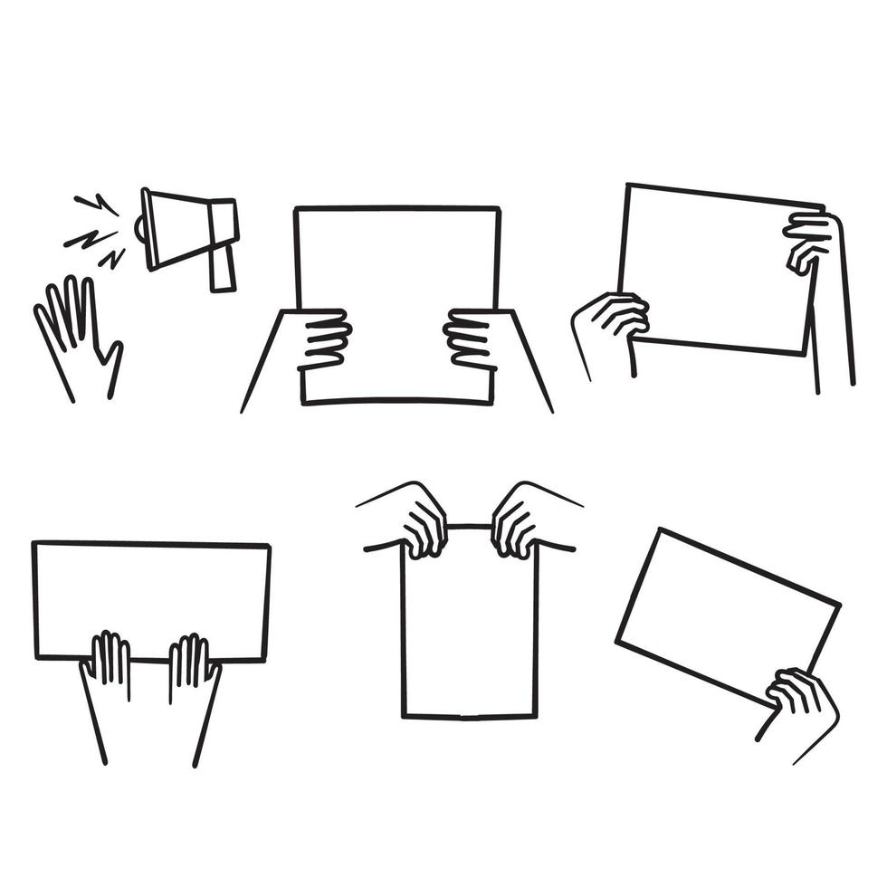 hand getrokken doodle hand met banner symbool voor demonstranten pictogram geïsoleerd vector