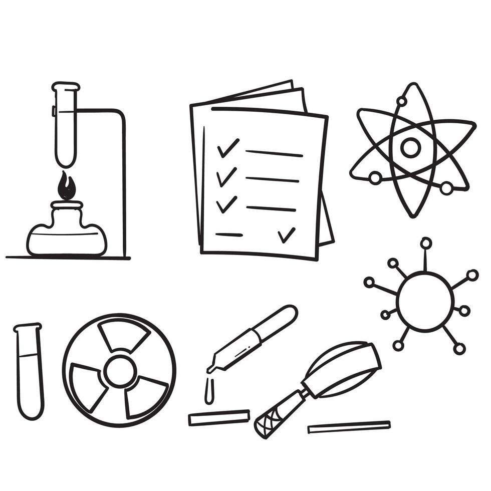handgetekende scheikundelab en schematische pictogrammen met diverse experimenten, glaswerk en moleculen in doodle-stijl vector
