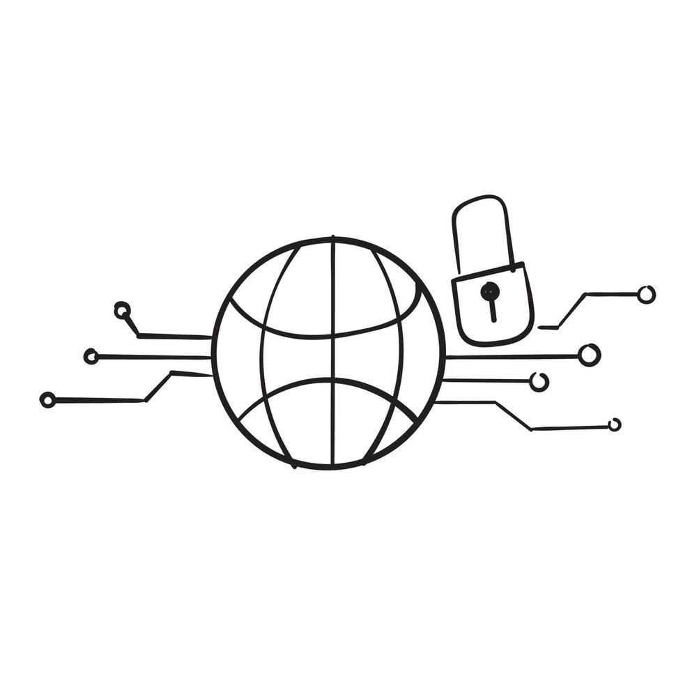 hand getrokken doodle globe en hangslot symbool voor gegevensbescherming vector geïsoleerd