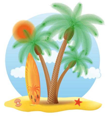 surfplank staande onder een palmboom vectorillustratie vector