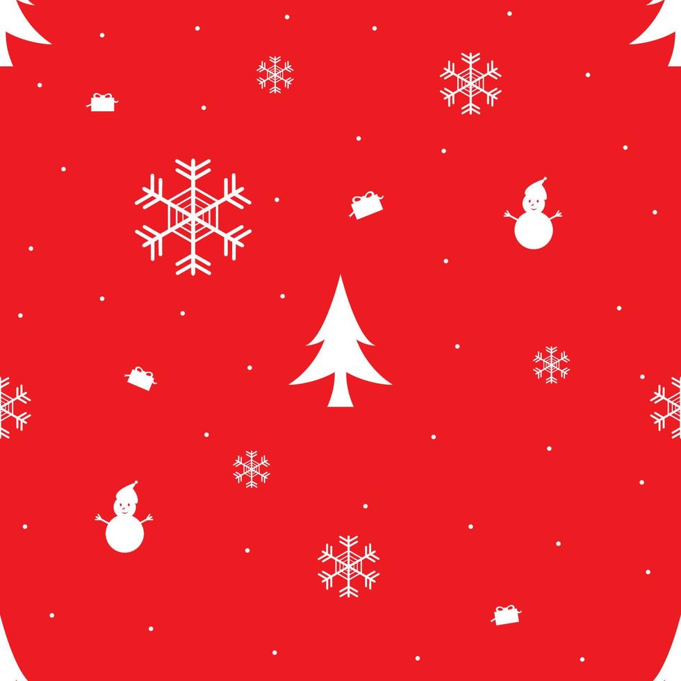naadloze patroon met kerst symbool, rode en witte kleur achtergrond, sneeuw, sneeuwvlokken, sneeuwpop, boom en cadeau. vectorillustratie. vector