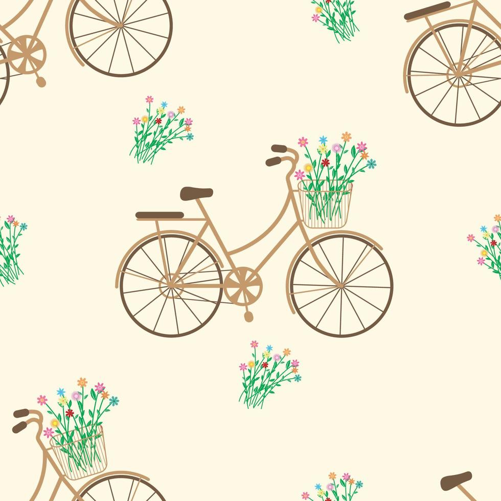 naadloos patroon. fietsen, bloemen met mooie kleuren, in de mand. vectorillustratie. vector