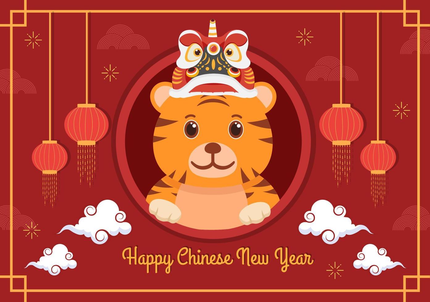 Gelukkig Chinees Nieuwjaar 2022 met dierenriem schattige tijger en bloem op rode achtergrond voor wenskaart, kalender of poster in platte ontwerp illustratie vector