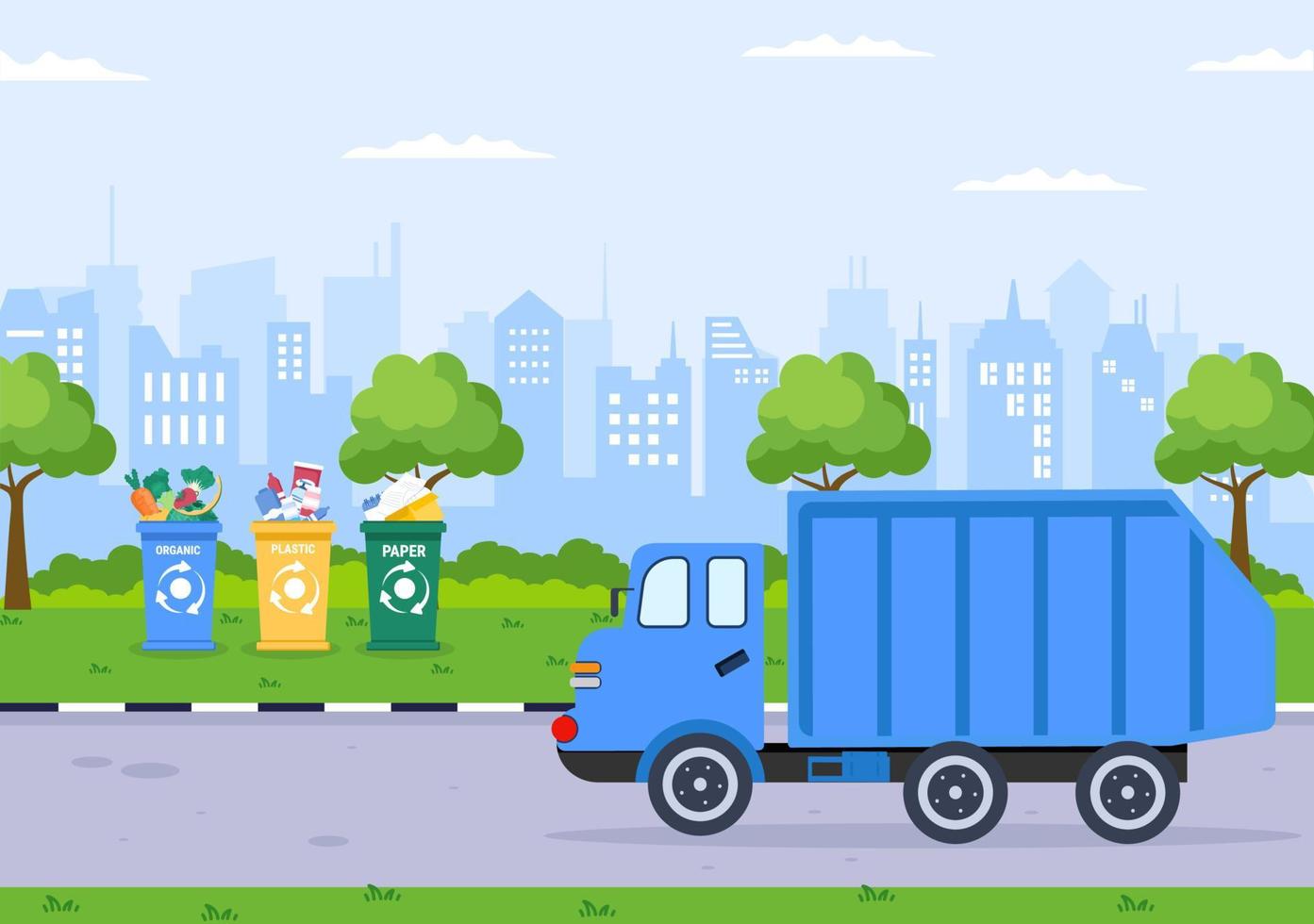 recycling ecologie proces vlakke afbeelding achtergrond met organisch afval, papier of plastic opgehaald op een vrachtwagen en gebracht om te verbranden vector