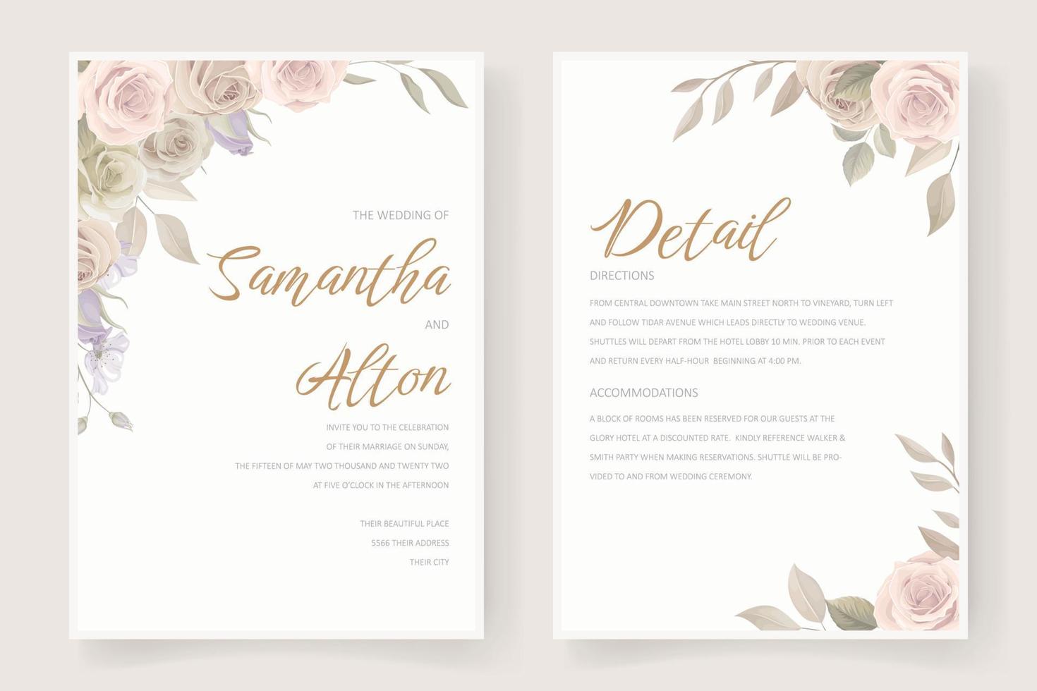 mooie zachte bloemen en bladeren bruiloft uitnodigingskaart vector