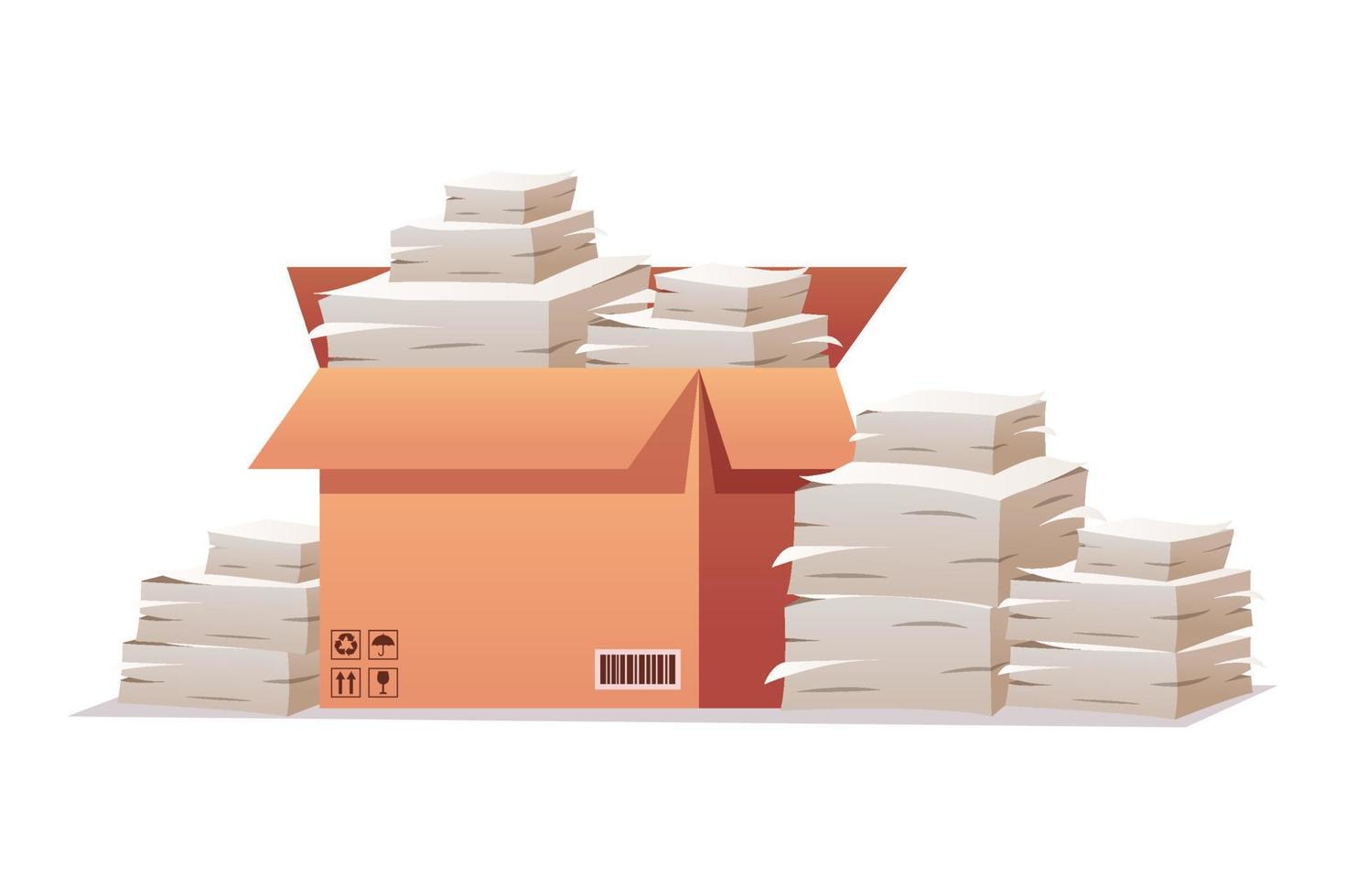kartonnen dozen en papieren documenten. stapel bestandsmappen, vector