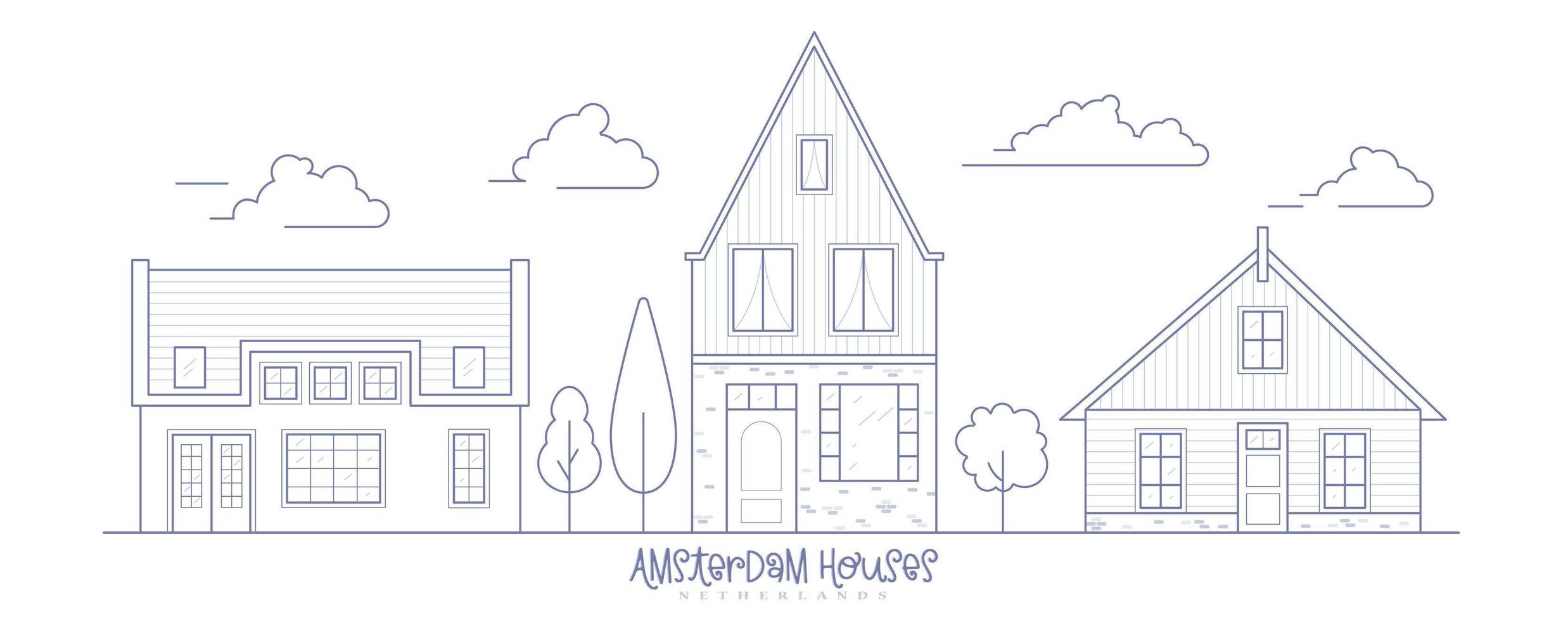 europa buurt huizen. Hollandse buitenwijk met knusse huizen. gevels van oude traditionele gebouwen in nederland. overzicht vectorillustratie. vector