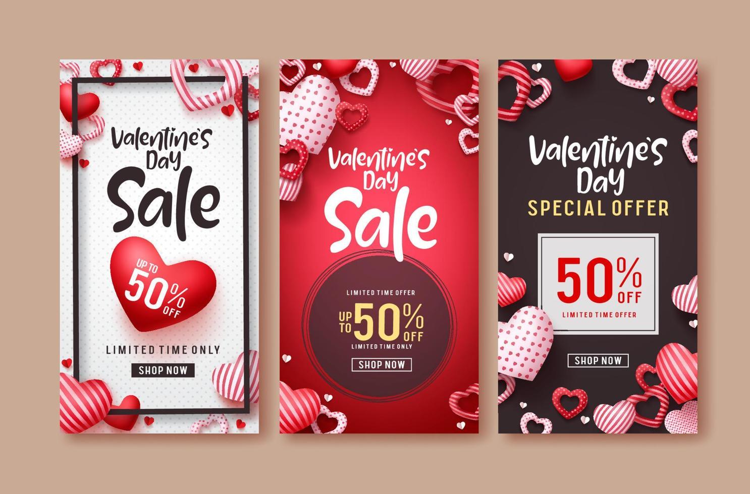 Valentijnsdag verkoop vector poster sjabloon set. Valentijnsdag verkoop tekst met harten elementen in rode en witte achtergronden voor marketing kortingspromoties. vectorillustratie.